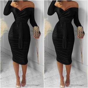 “Classy” Black Long Sleeve Off The Shoulder Tie Midi Dress