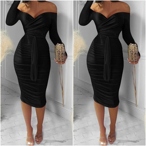 “Classy” Black Long Sleeve Off The Shoulder Tie Midi Dress