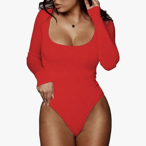 Red Long Sleeve Scoop Neck Bodysuit Top