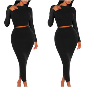 “Becca” Black Ribbed Long Sleeve Maxi Skirt Set