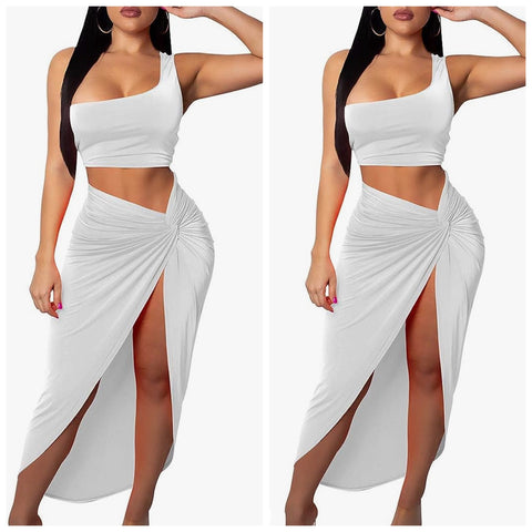 “Island Bae” White 2 Piece High Split Skirt Set