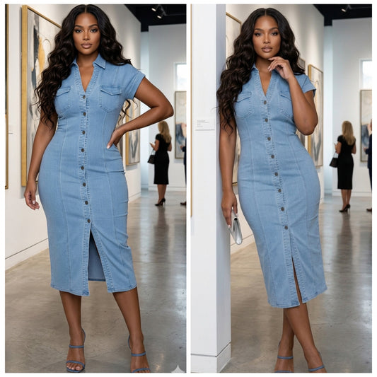 “First Class” Botton Down Cap Sleeve Stretch Denim Long Dress