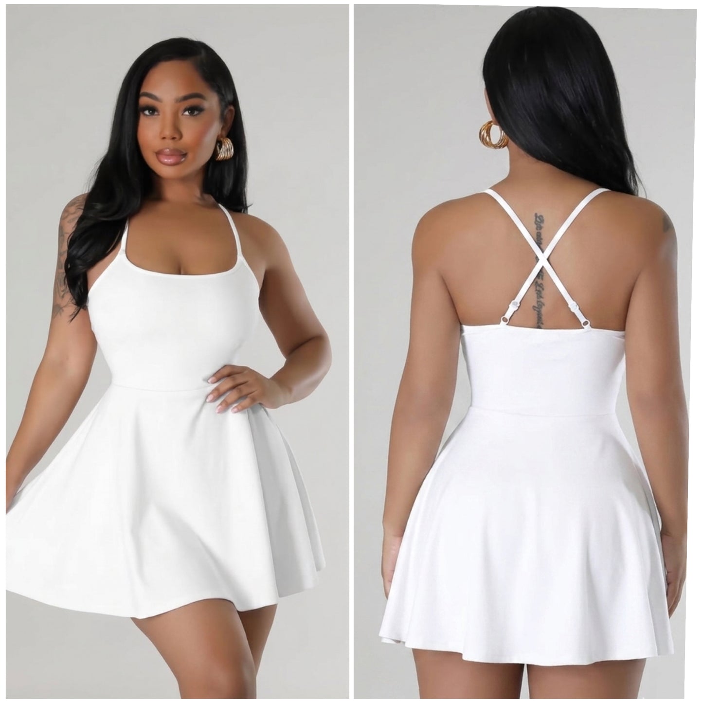 Skater Baby” White Cross Back Spaghetti Strap Mini Skater Dress