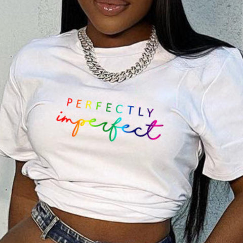 “Perfectly Imperfect” White Womens Short Sleeve Graphic Tee Shirt