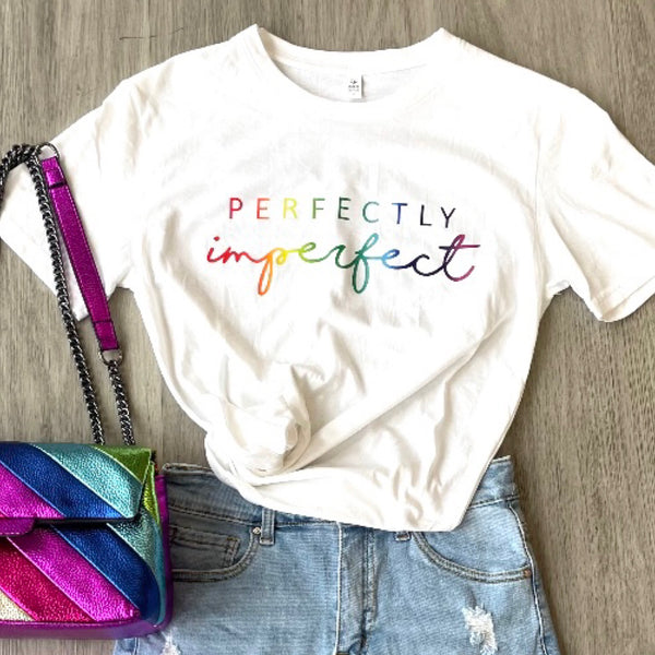 “Perfectly Imperfect” White Womens Short Sleeve Graphic Tee Shirt