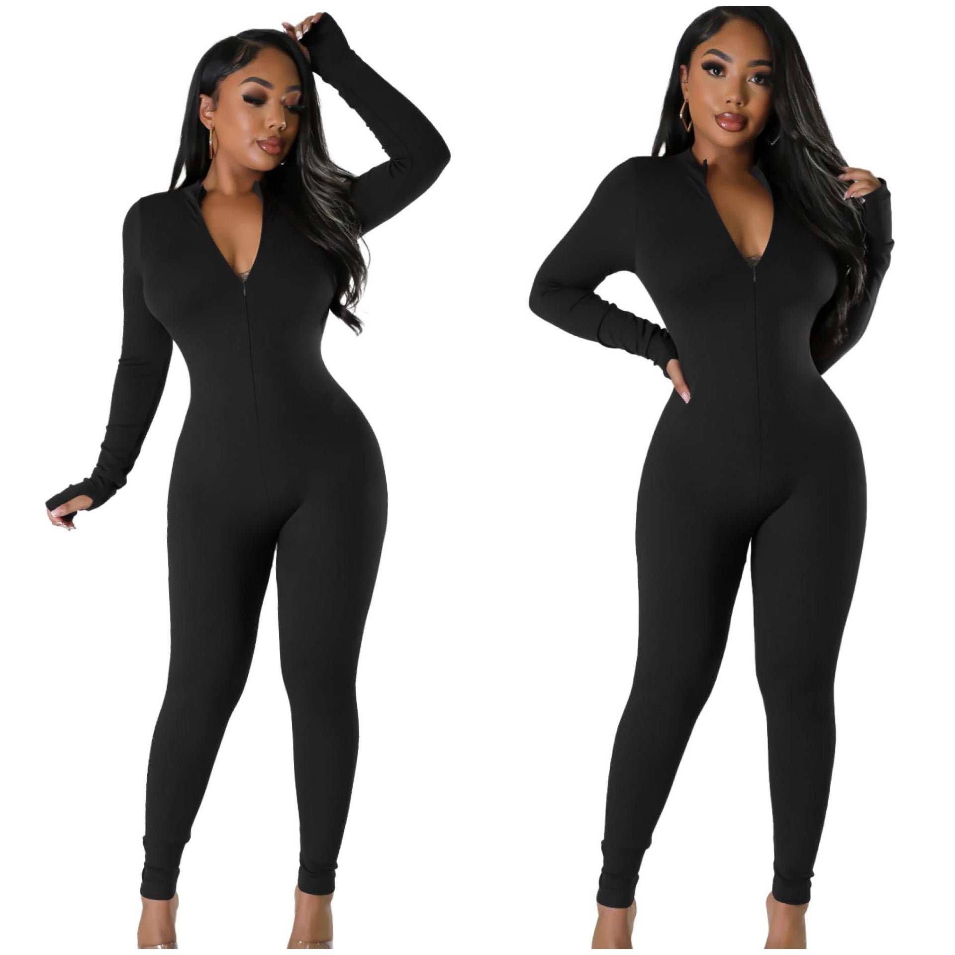 Black Thumb Hole Long Sleeve Fleece Front Zipper Jumpsuit