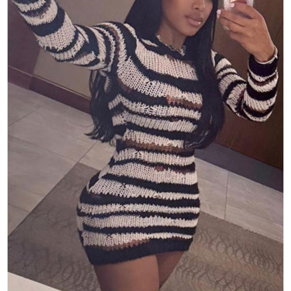 “Nesha” Black/White Stripe Crochet Knit Long Sleeve Mini Dress