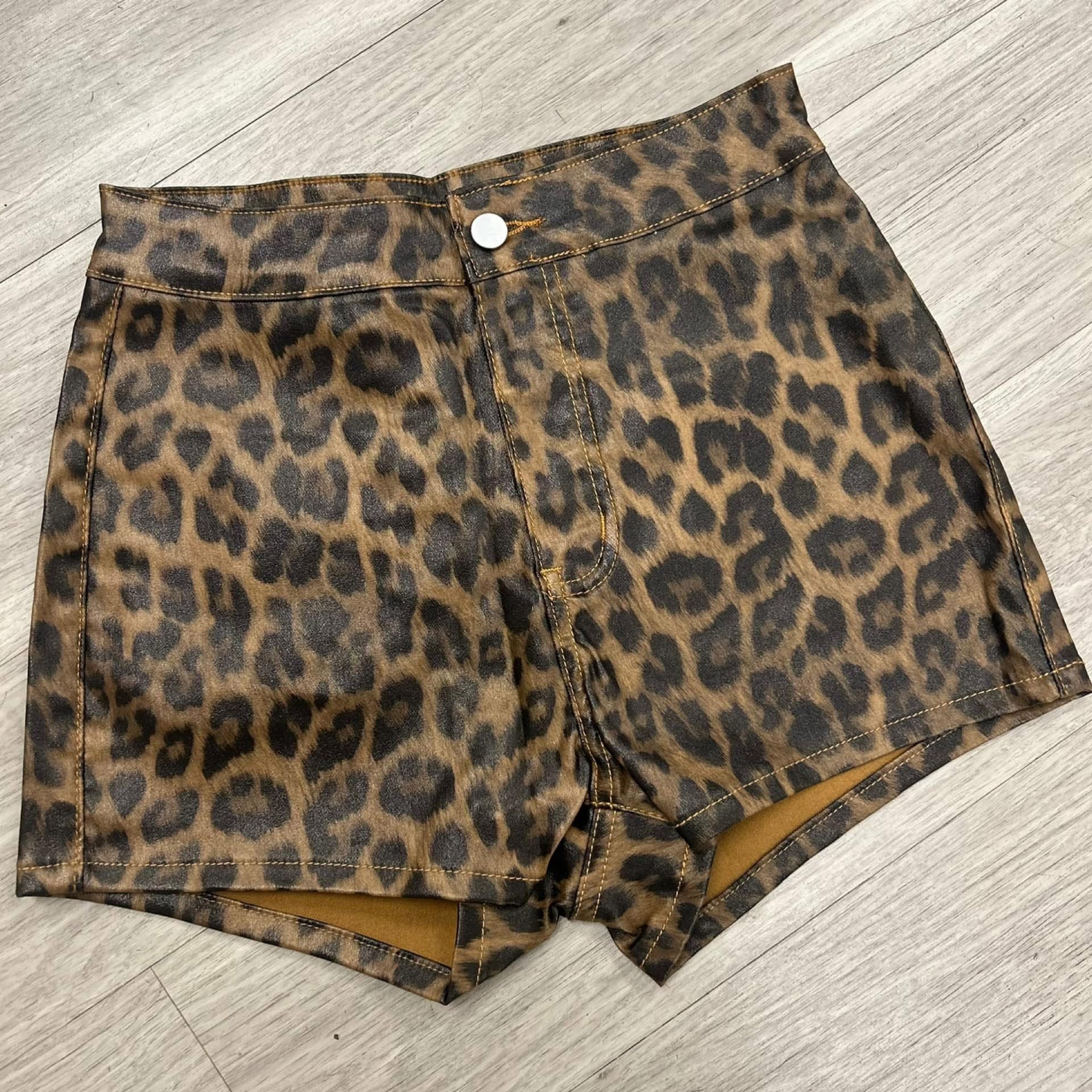 High Waisted Faux Leather Leopard Print Shorts