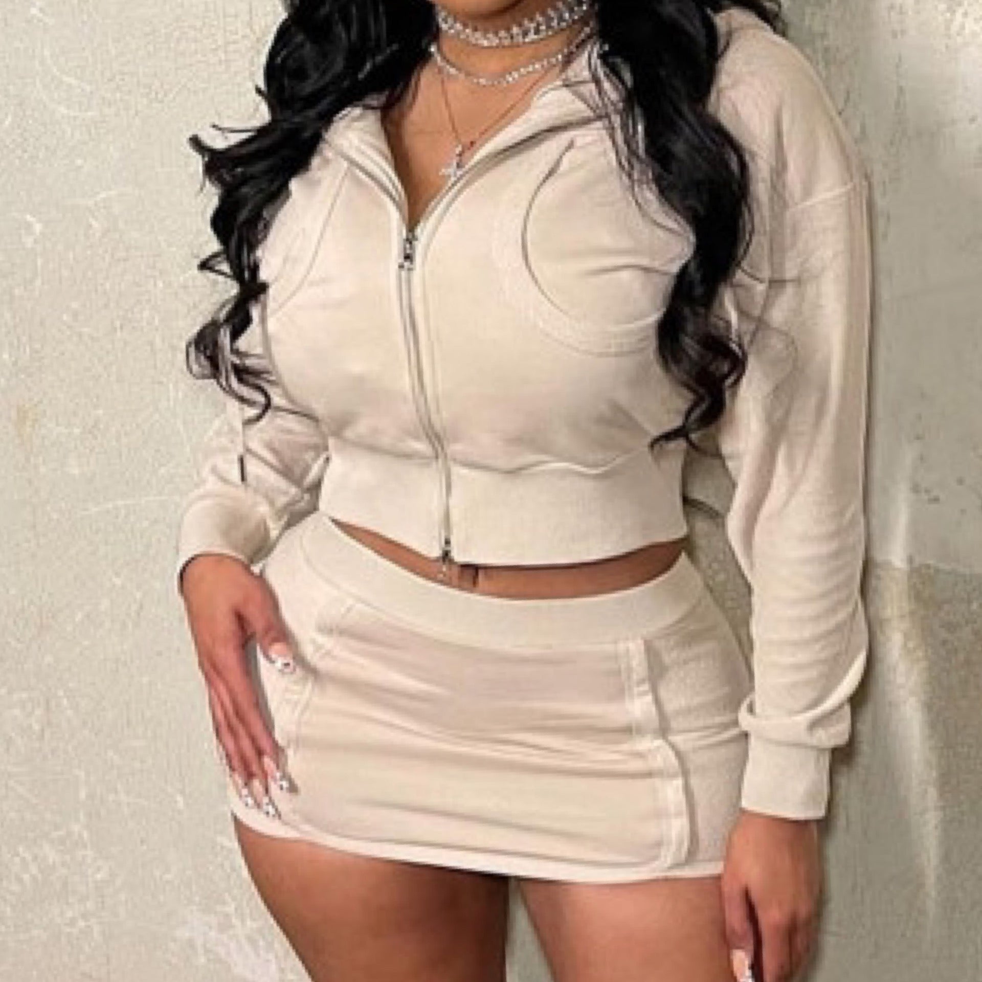 “Stacy” Cream Long Sleeve Hoodie & Mini Skirt 2 Piece Set