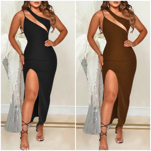 “Special Occasion” Mesh Insert High Split Polyester Maxi Dress