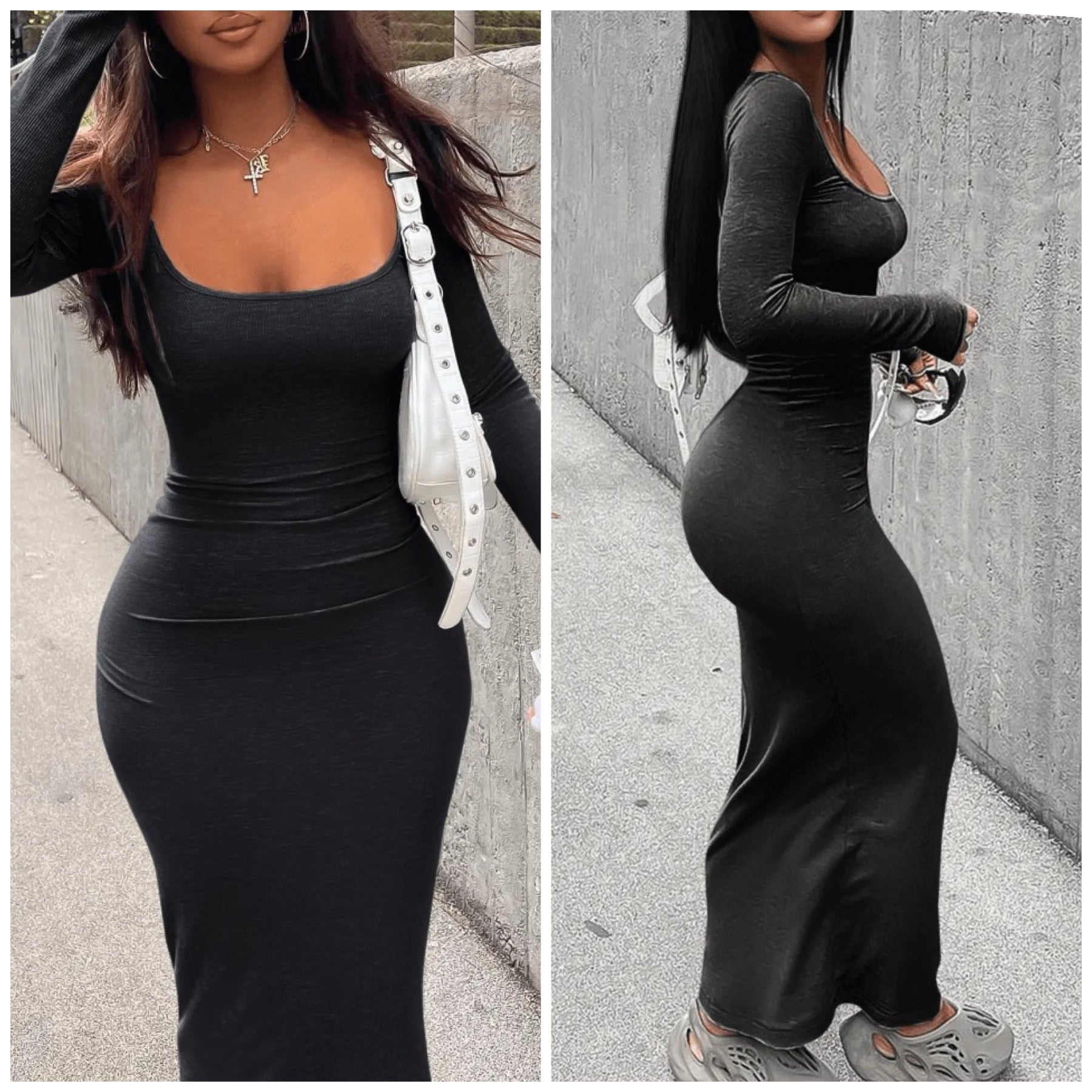 “Talia” Black Long Sleeve Scoop Neck Maxi Dress