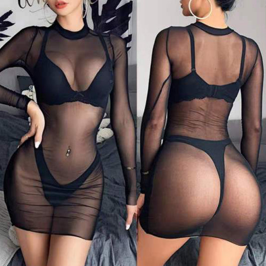 “Bre” Black Long Sleeve Mesh Mini Coverup Dress