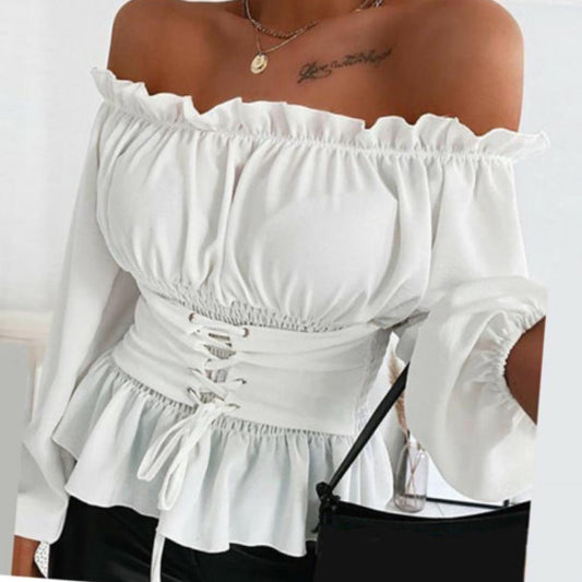 “Precious” Off the Shoulder Long Sleeve Corset Ruffle Shirt Top