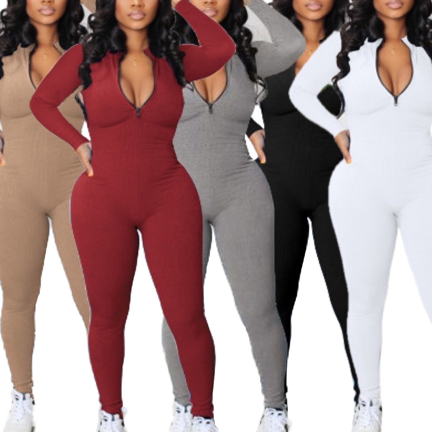 “Jump On It” Ribbed Zipper Long Sleeve Womens Jumpsuit