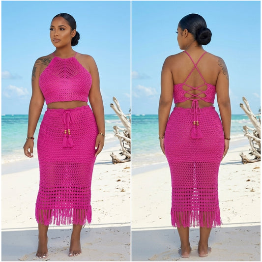 “Lakes” Lightweight Knit 2 Piece Tassel Crochet Maxi Skirt Set coverup