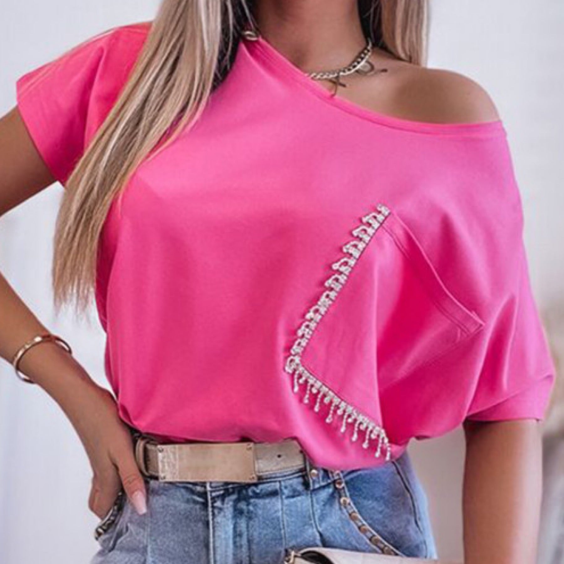 “Barbie Girl” Rhinestone Accent Pocket Womens Tee Shirt