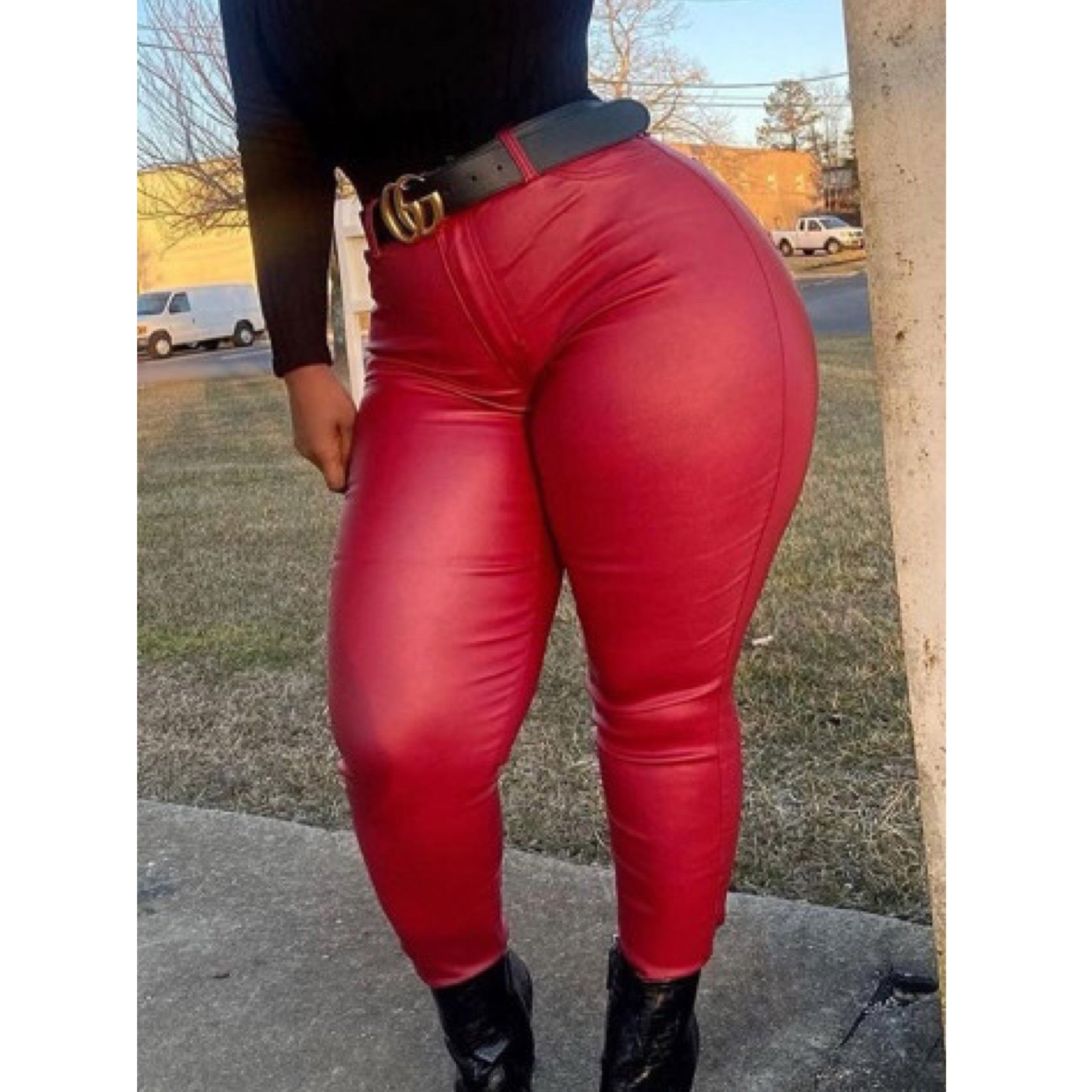 Stepping On Necks” Red Faux Leather Ultra Stretch Pants – Victory Lane  Boutique