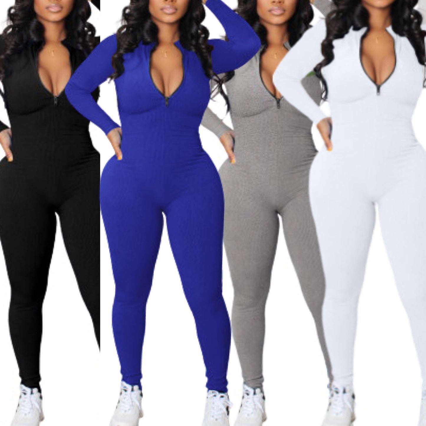 “Jump On It” Ribbed Zipper Long Sleeve Womens Jumpsuit