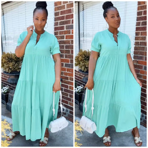 “Claudia” Short Sleeve Green Tiered Swing Maxi Dress