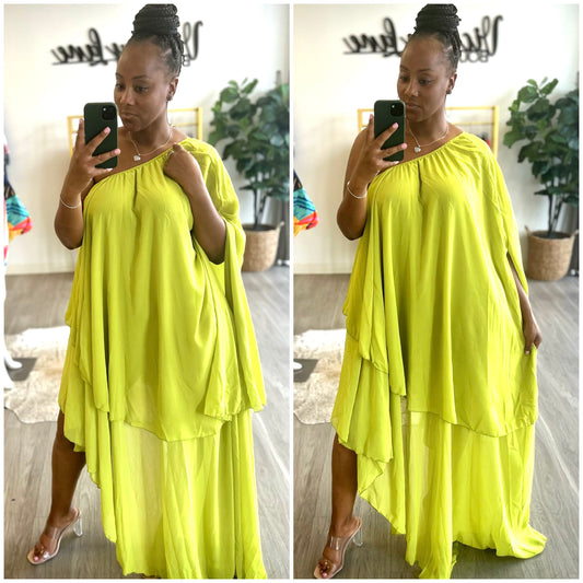 “Love Stone” Lime Green Asymmetrical Flowy Linen Maxi Dress