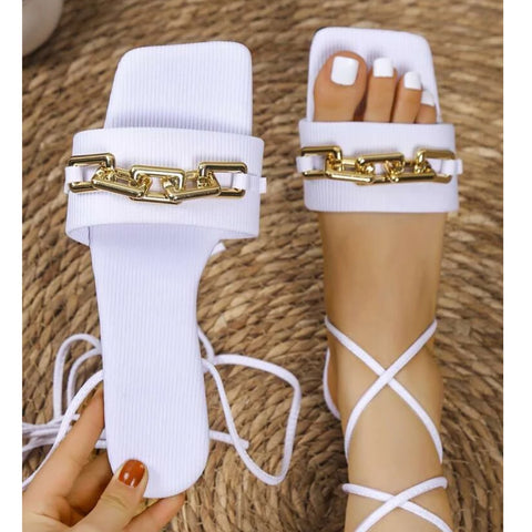 White Gold Link Flat Lace Up Sandals