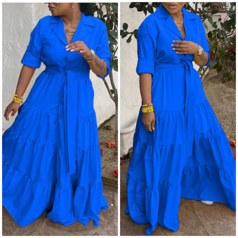 “Lovely” Button Down Tiered Ruffle Maxi Dress