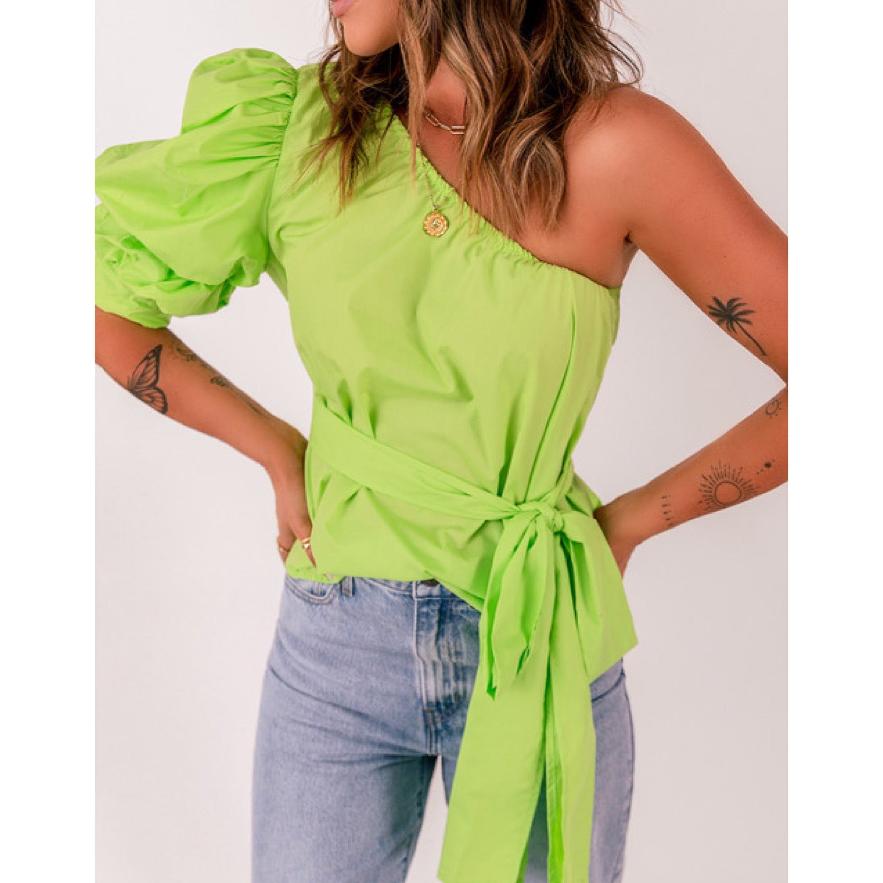 Lime Green Puff One Shoulder Tie Top