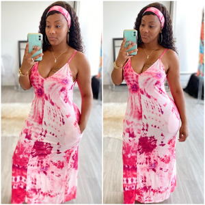“Pink Burst” Tie Dye Spaghetti Strap Pocket Maxi Dress with Headwrap