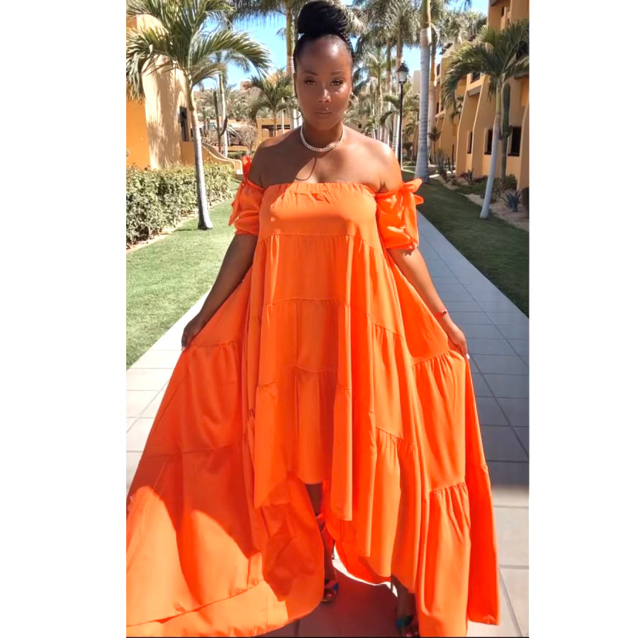 “Beauty” Off The Shoulder Ruffle High Low Maxi Dress