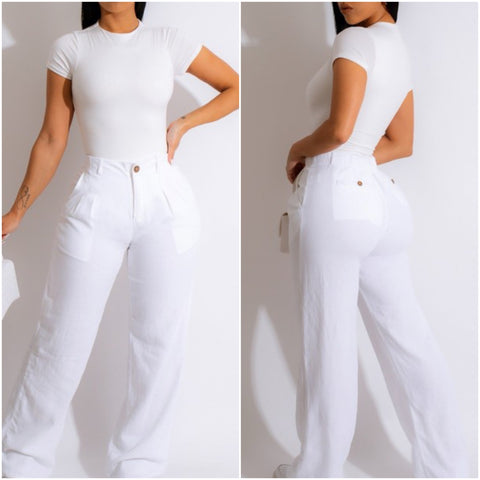 “Bella” White Wide Leg Linen Pants