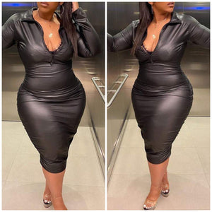 “Stop and Stare” Faux Leather Long Sleeve Bodycon Dress