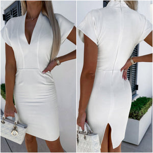 “Raven” White Deep V Back Split Short Sleeve Dress