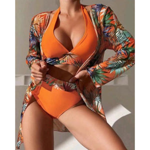 “Tiki Hut” Orange 2 Piece Bikini & Kimono Coverup