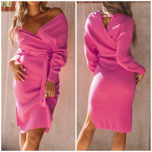 “Bloom” Pink Wrap Top Sweater Dress