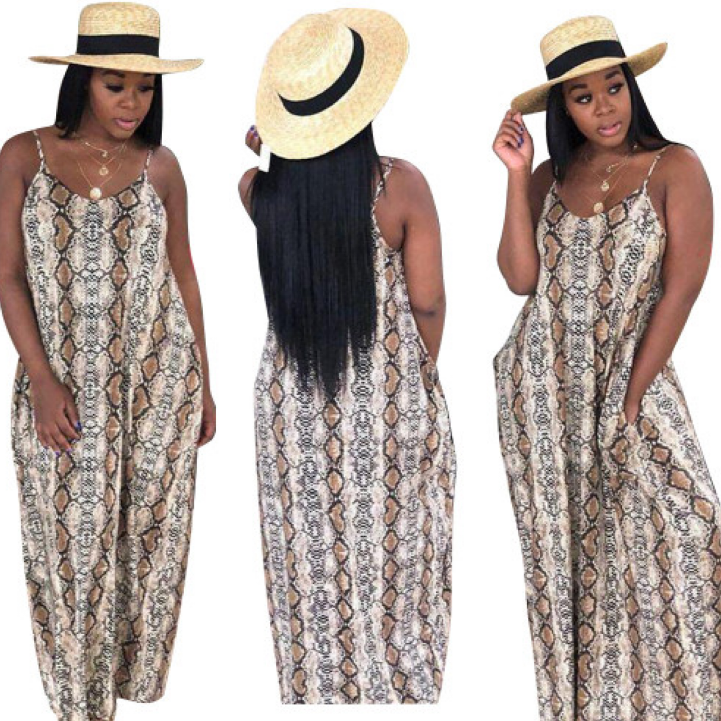 Snake Print Spaghetti Strap Pocket Maxi Dress with scarf