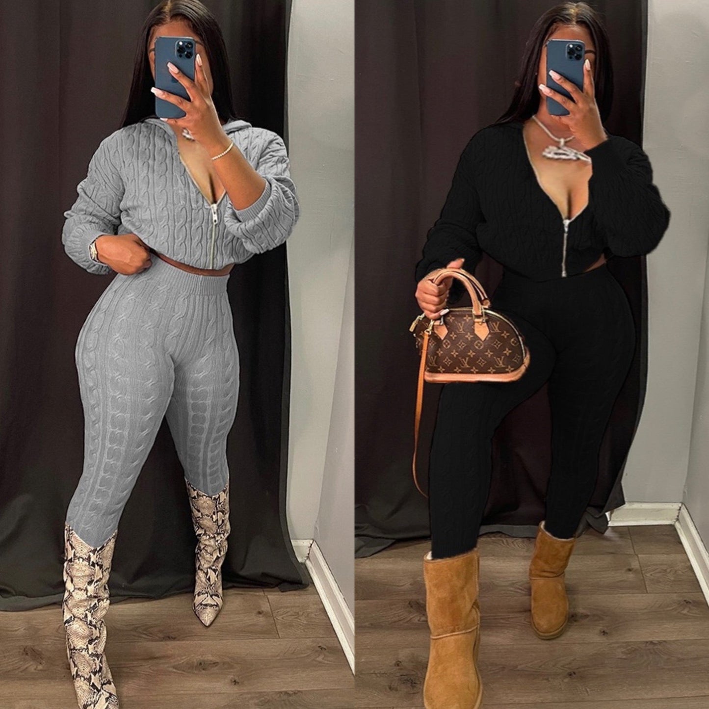 “Lyric” Cable Knit Zip Hoodie 2 Piece Sweater Set