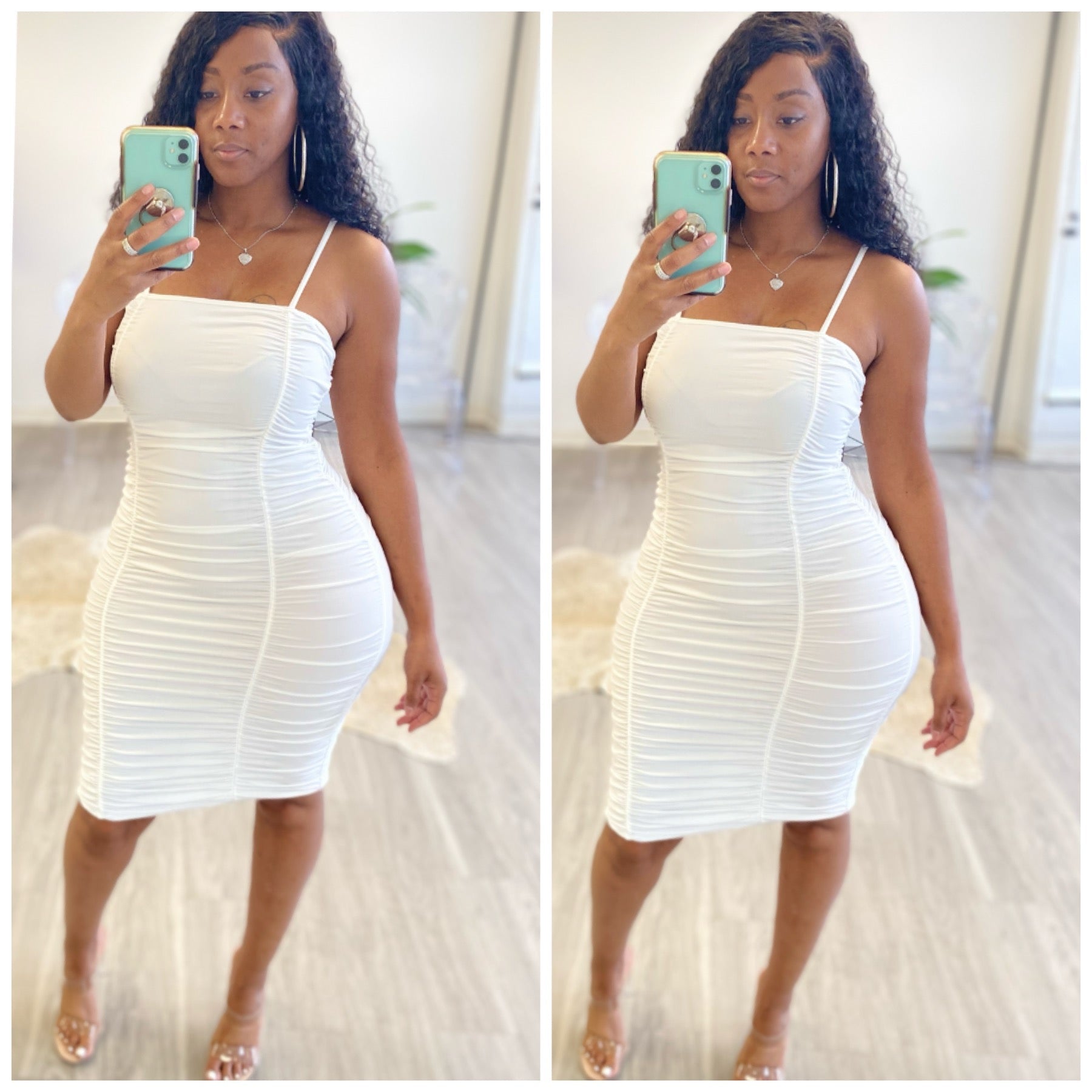 “Lilly” White Ruched Spaghetti Strap Dress