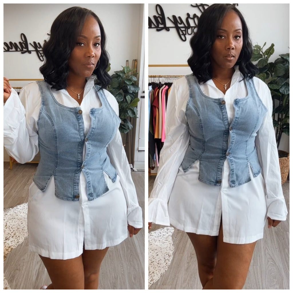 “Tiny” Denim Vest & White Button Down Shirt Dress – Victory Lane Boutique