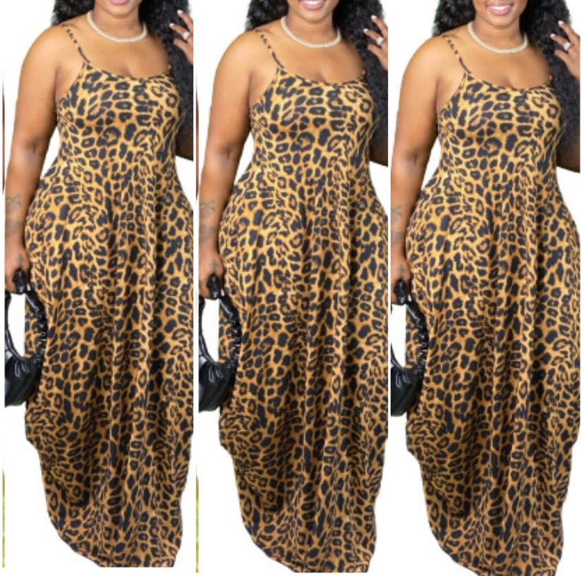 “Let It Flow” Leopard Pocket Spaghetti Strap Maxi Dress with wrap