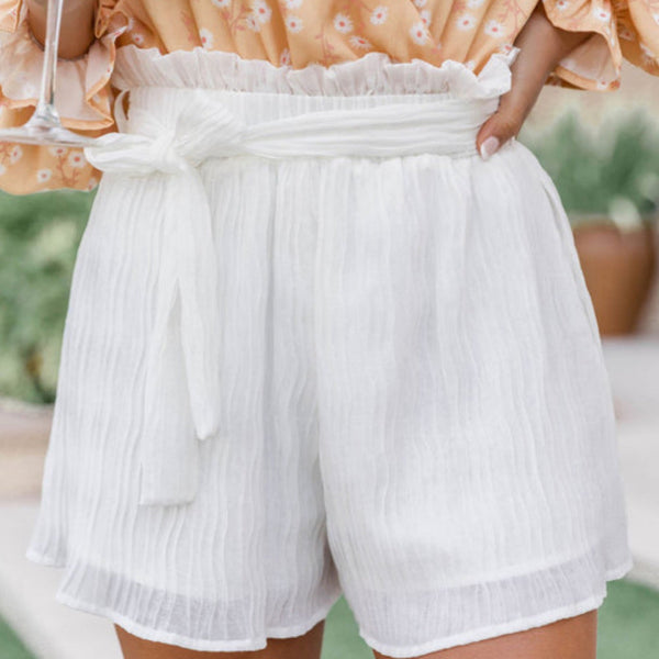 “Stacy” White Belted Pleated Linen Shorts