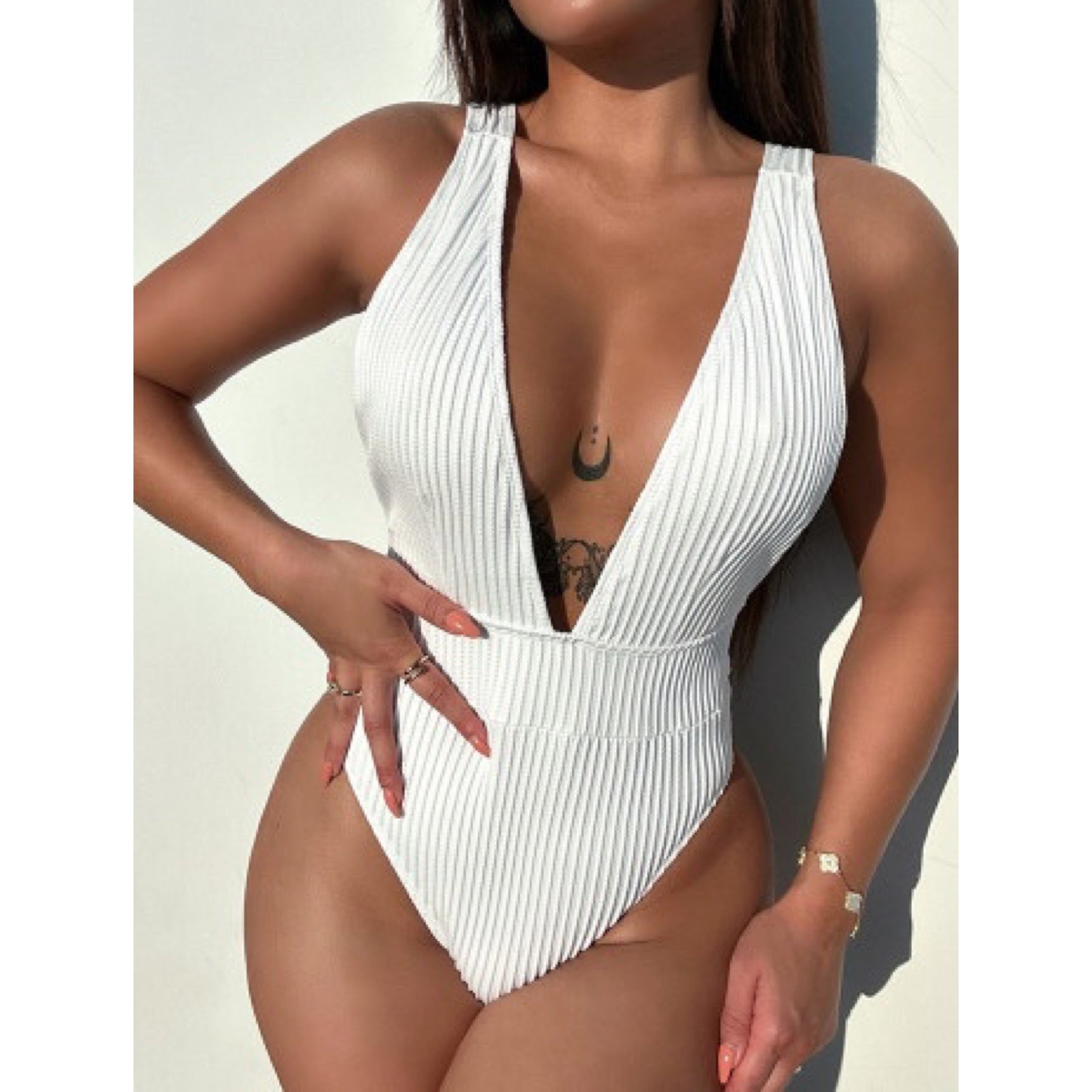 White One Piece Deep V Swimsuit