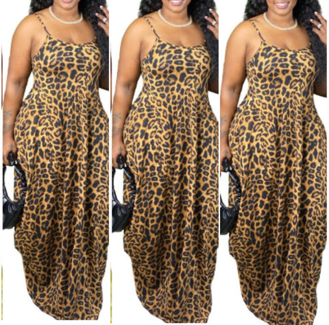 “Let It Flow” Leopard Pocket Spaghetti Strap Maxi Dress