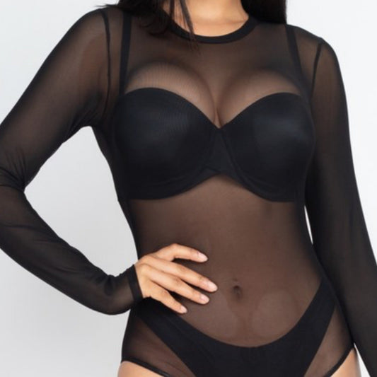 Long Sleeve Mesh Scoop Neck Womens Bodysuit