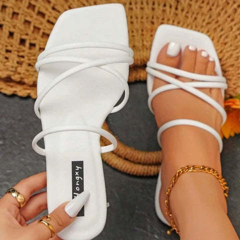 “Lotus” White Strappy Flat Sandal