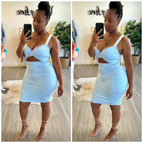 “Iceberg”  Baby Blue Twisted Cut Out Tank Ruched Midi Dress