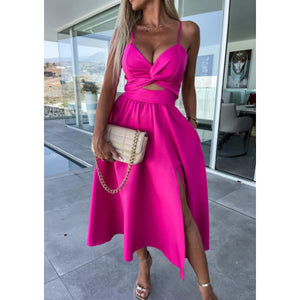 “Tina” Pink Cutout Split Skater Dress