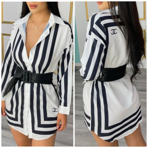 “Cierra” Black and White Stripe Button Down Shirt Dress