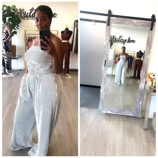 “City Stripe” Black & White Stretch Stripe Pocket Jumpsuit