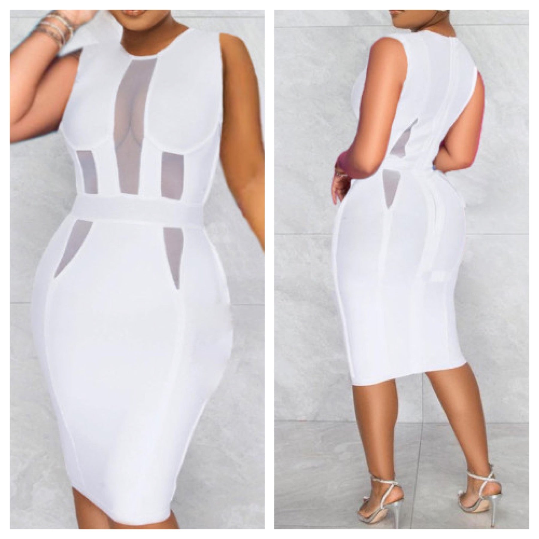 “Nia” White Mesh Insert Midi Dress