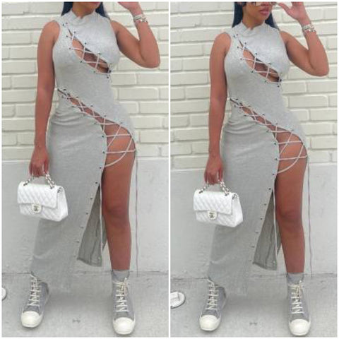 “Double Dutch” Gray Side Tie Maxi Dress